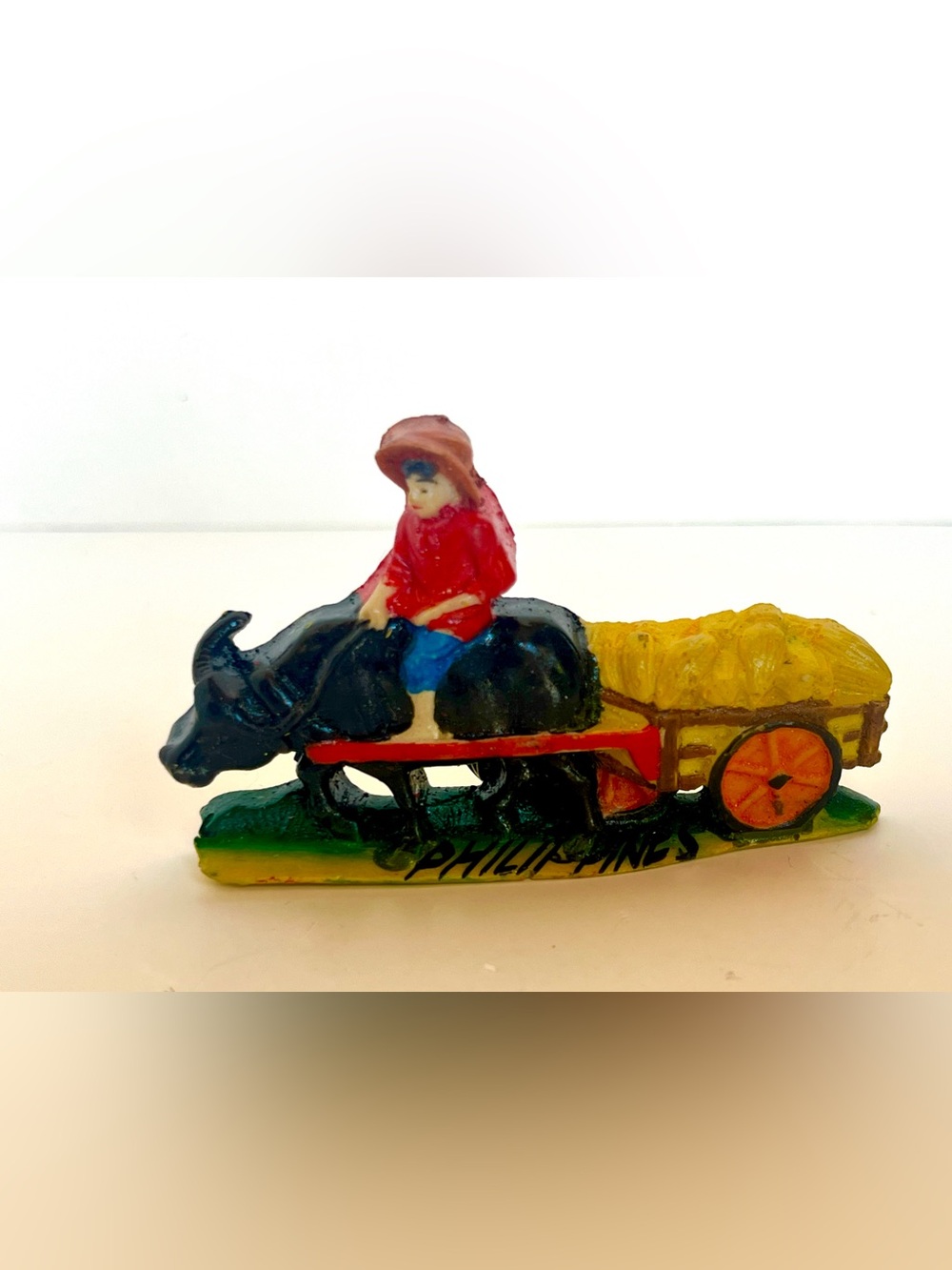 Hand-Painted Philippine Carabao Figurine with Rice Farmer & Yellow Pull Cart